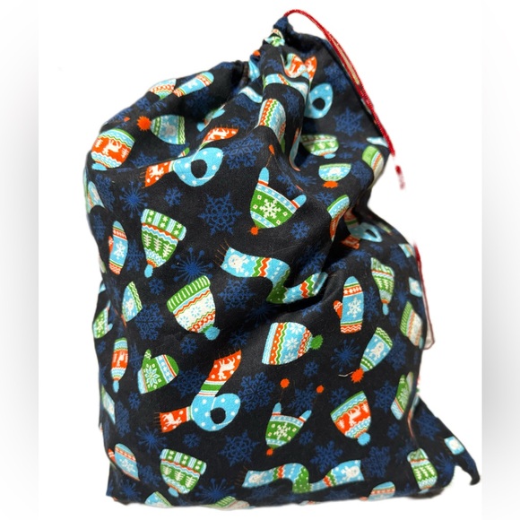 Other - Festive Blue Drawstring Reusable Gift Bag with Colorful Winter Hat Print